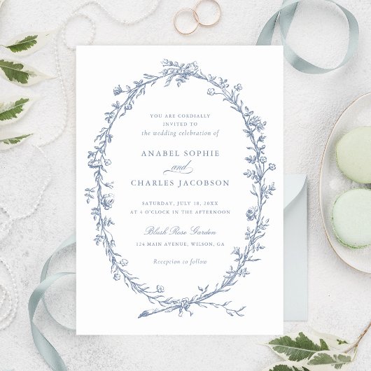 Elegant Floral Wreath  Dusty Blue Wedding Kaart