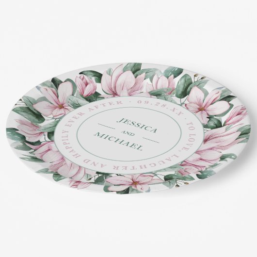 Elegant Floral Wreath Dusty Pink Magnolia Wedding Papieren Bordje (Gekanteld)