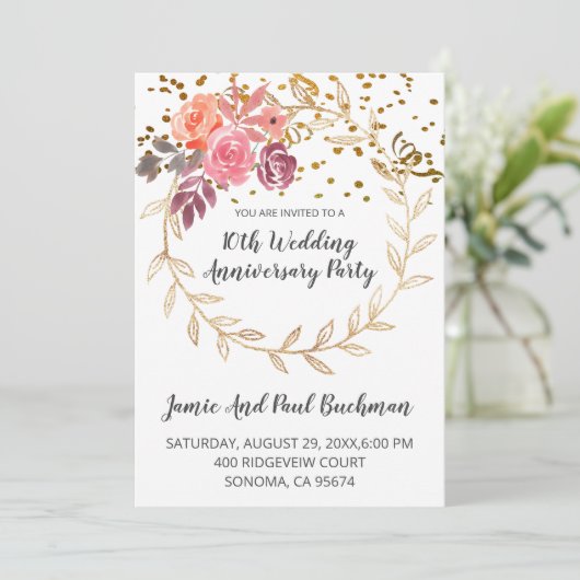 Elegant Floral Wreath Glitter 10th Wedding Kaart (Staand voorkant)