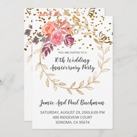 Elegant Floral Wreath Glitter 10th Wedding Kaart (Voorkant / Achterkant)
