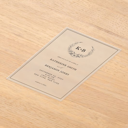 Elegant Floral Wreath Monogram Wedding Acryl Uitnodigingen (Laagn)