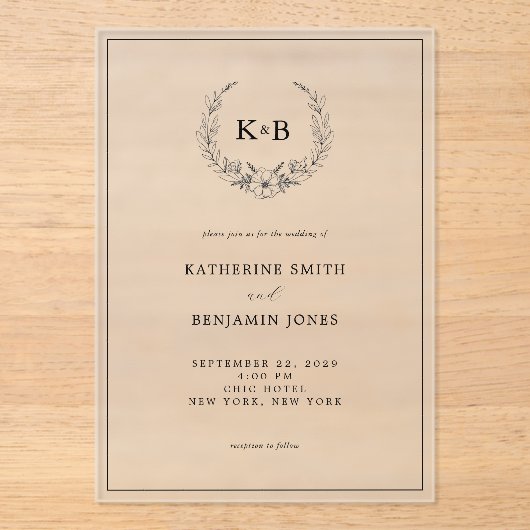 Elegant Floral Wreath Monogram Wedding Acryl Uitnodigingen (Voorkant)