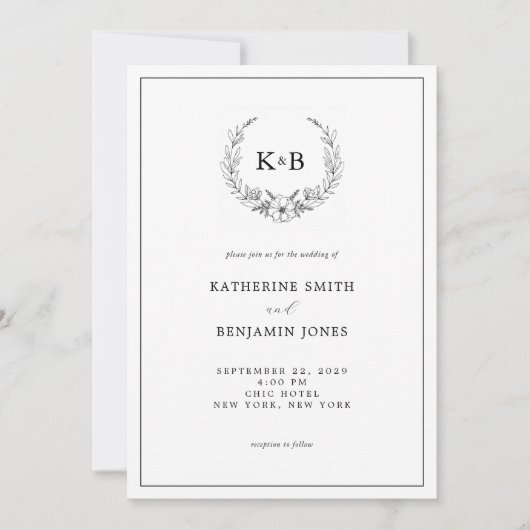 Elegant Floral Wreath Monogram Wedding Kaart (Voorkant)