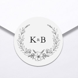 Elegant Floral Wreath Monogram Wedding Ronde Sticker