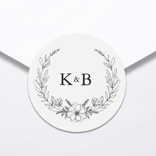 Elegant Floral Wreath Monogram Wedding Ronde Sticker