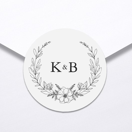 Elegant Floral Wreath Monogram Wedding Ronde Sticker
