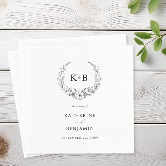 Elegant Floral Wreath Monogram Wedding Servet