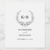 Elegant Floral Wreath Monogram Wedding Wijn Etiket (Enkel label)