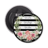 Elegant Floral Wreath on Black (en White) Button Flesopener (Voorkant)