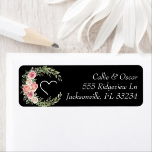 Elegant Floral Wreath on Black Wedding Label