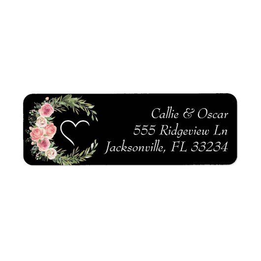 Elegant Floral Wreath on Black Wedding Label (Voorkant)