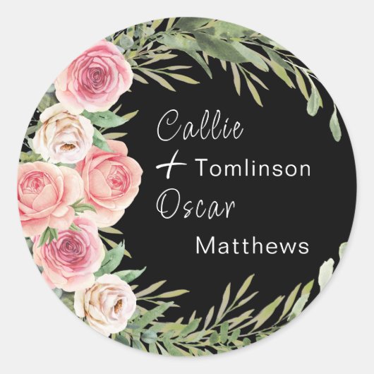 Elegant Floral Wreath op Black Wedding Ronde Sticker (Voorkant)