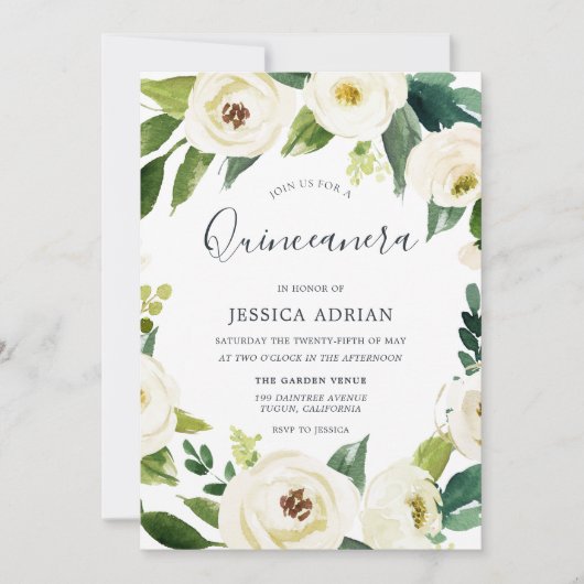 Elegant Floral Wreath Quinceanera Party Invite Kaart (Voorkant)
