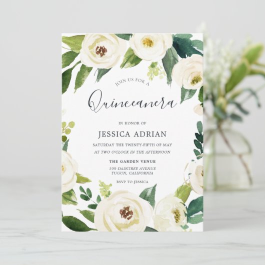 Elegant Floral Wreath Quinceanera Party Invite Kaart (Staand voorkant)