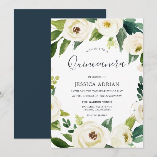 Elegant Floral Wreath Quinceanera Party Invite Kaart (Voorkant / Achterkant)