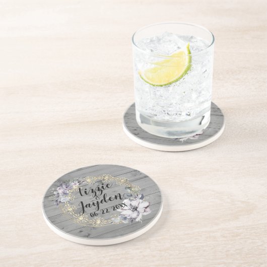 Elegant Floral Wreath Rustic Wedding Zandsteen Onderzetter (Zijkant)