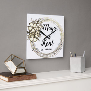 Elegant Floral Wreath Wedding Vierkante Klok