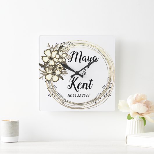 Elegant Floral Wreath Wedding Vierkante Klok (Huis)