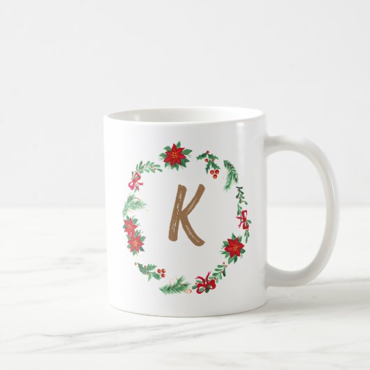 Elegant Floral Wreator Monogram Initiaal Kerstmis Koffiemok (Rechts)