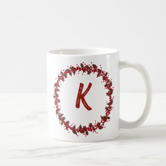 Elegant Floral Wreator Monogram Initiaal Kerstmis Koffiemok (Rechts)