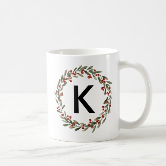 Elegant Floral Wreator Monogram Initiaal Kerstmis Koffiemok (Rechts)
