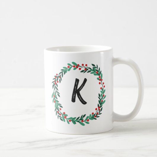 Elegant Floral Wreator Monogram Initiaal Kerstmis Koffiemok (Rechts)