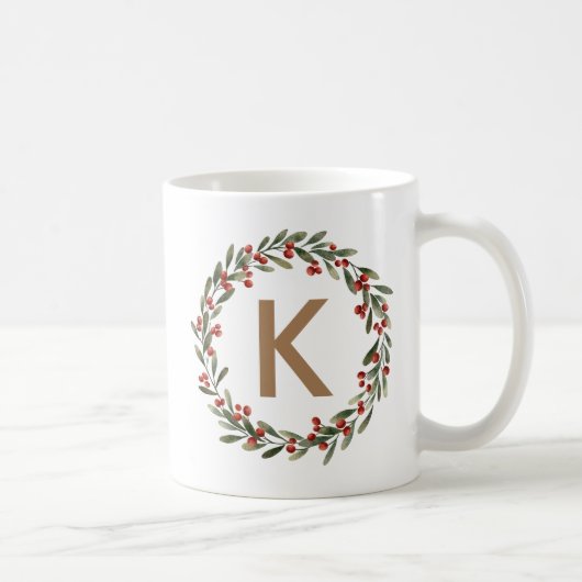 Elegant Floral Wreator Monogram Initiaal Kerstmis Koffiemok (Rechts)