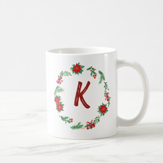 Elegant Floral Wreator Monogram Initiaal Kerstmis Koffiemok (Rechts)