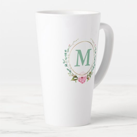 Elegant Floral Wreator Monogram Pink Rose Latte Mok (Rechterhoek)