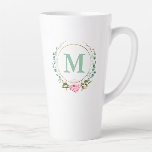 Elegant Floral Wreator Monogram Pink Rose Latte Mok (Rechts)