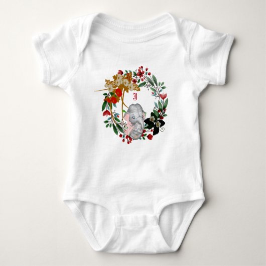 Elegant Floral Wreator Monogram Waterverf Elephant Romper (Voorkant)
