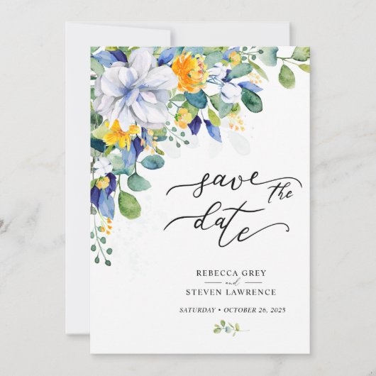 Elegant floral yellow blue wedding photo save the date (Voorkant)