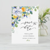 Elegant floral yellow blue wedding photo save the date (Staand voorkant)