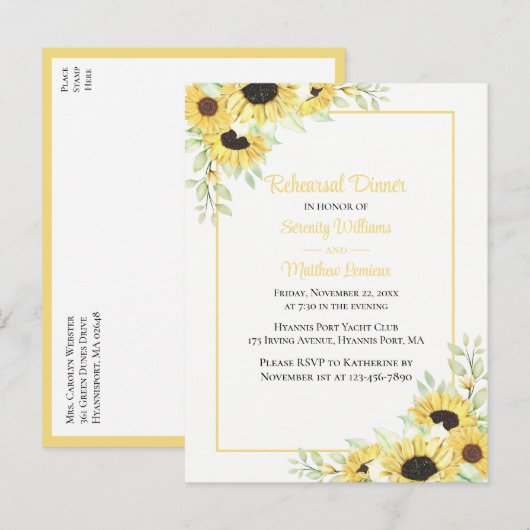Elegant Floral Yellow Sunflower repesal Dinner Uitnodiging Briefkaart (Voorkant / Achterkant)