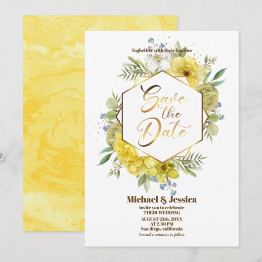 Elegant Floral Yellow Waterverf Rozen Wedding Kaart (Voorkant / Achterkant)