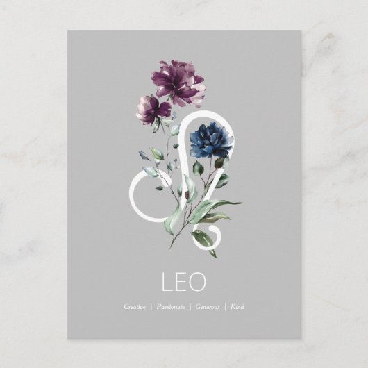 Elegant Floral Zodiac Star Sign Leo Briefkaart (Voorkant)