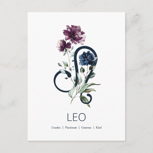 Elegant Floral Zodiac Star Sign Leo Briefkaart (Voorkant)