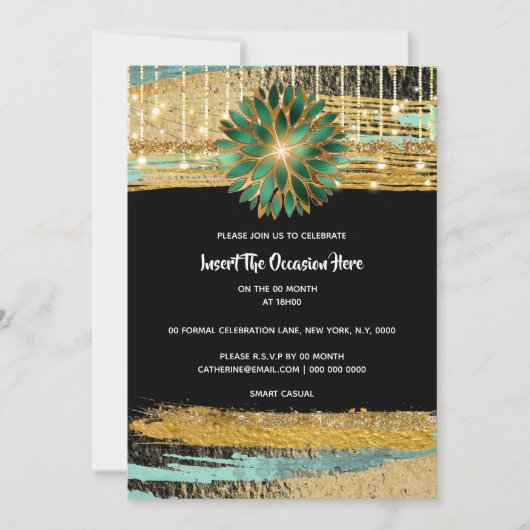 Elegant Floral zwart goud blauwgroen verjaardagsfe Kaart (Voorkant)