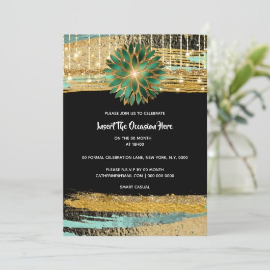 Elegant Floral zwart goud blauwgroen verjaardagsfe Kaart (Staand voorkant)