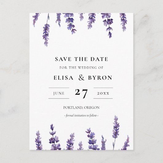Elegant florale lavender Sparen de datum Briefkaart (Voorkant)