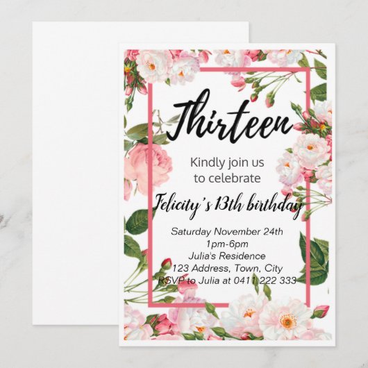Elegant florale verjaardagsuitnodiging kaart (Voorkant / Achterkant)