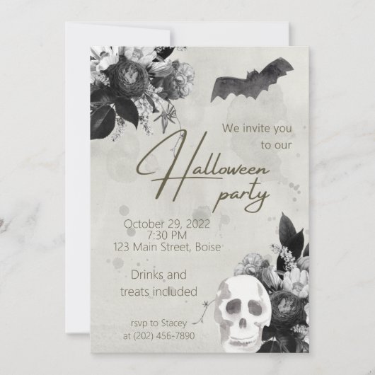 Elegant Florals and Skull Halloween Party Invitati Kaart (Voorkant)