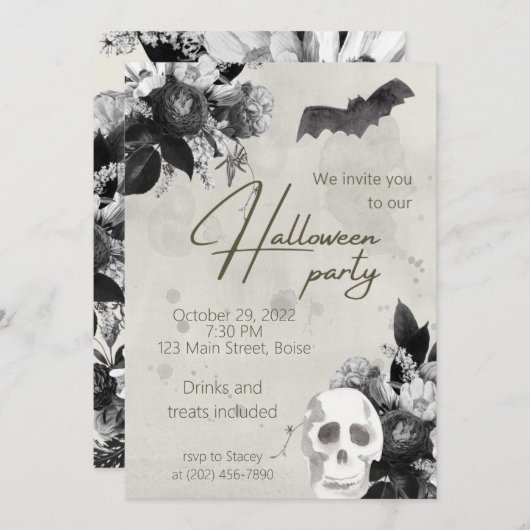 Elegant Florals and Skull Halloween Party Invitati Kaart (Voorkant / Achterkant)