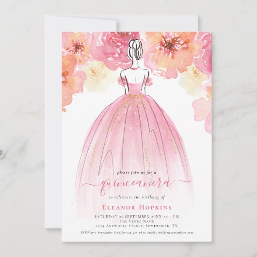 Elegant Florals Dress Pink Quinceanera Kaart (Voorkant)