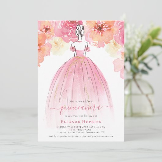 Elegant Florals Dress Pink Quinceanera Kaart (Staand voorkant)