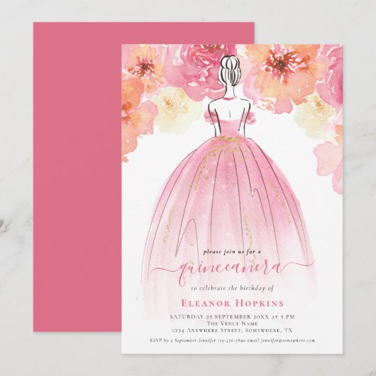 Elegant Florals Dress Pink Quinceanera Kaart (Voorkant / Achterkant)