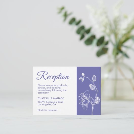 Elegant florchideeën moderne periwinkle receptie informatiekaartje (Staand voorkant)