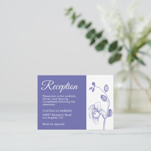 Elegant florchideeën moderne periwinkle receptie informatiekaartje (Staand voorkant)