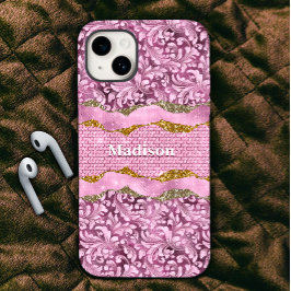 Elegant floreus Paars roze goudmonogram iPhone 15 Case