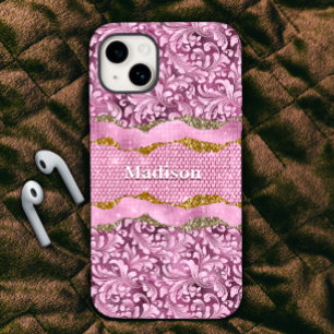 Elegant floreus Paars roze goudmonogram iPhone 15 Case